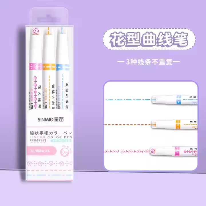 Double-Headed Highlighter with Pattern Outlines - Wave Line & Key Curve Markers for Students