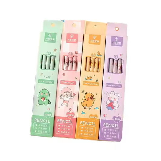 Cartoon Pencil Box with 10 HB Pencils & Eraser Tips - Perfect for Primary Students