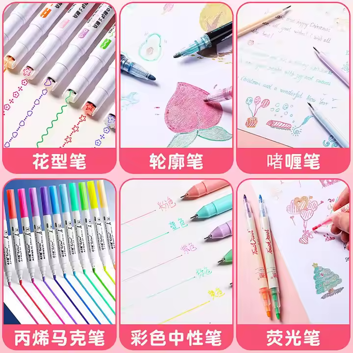 Double-Headed Highlighter with Pattern Outlines - Wave Line & Key Curve Markers for Students