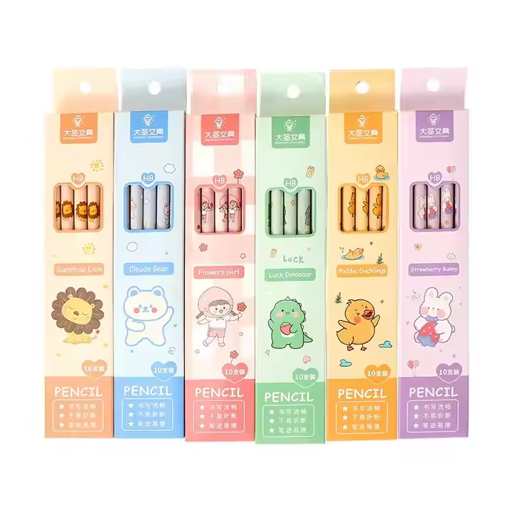 Cartoon Pencil Box with 10 HB Pencils & Eraser Tips - Perfect for Primary Students