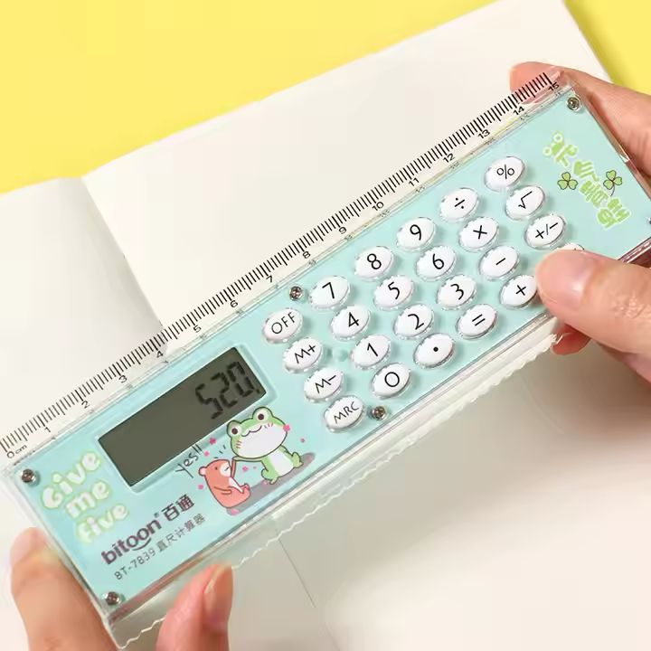 New 2-in-1 Creative Ruler & Calculator - 15cm Mini Cartoon Stationery Gift for School